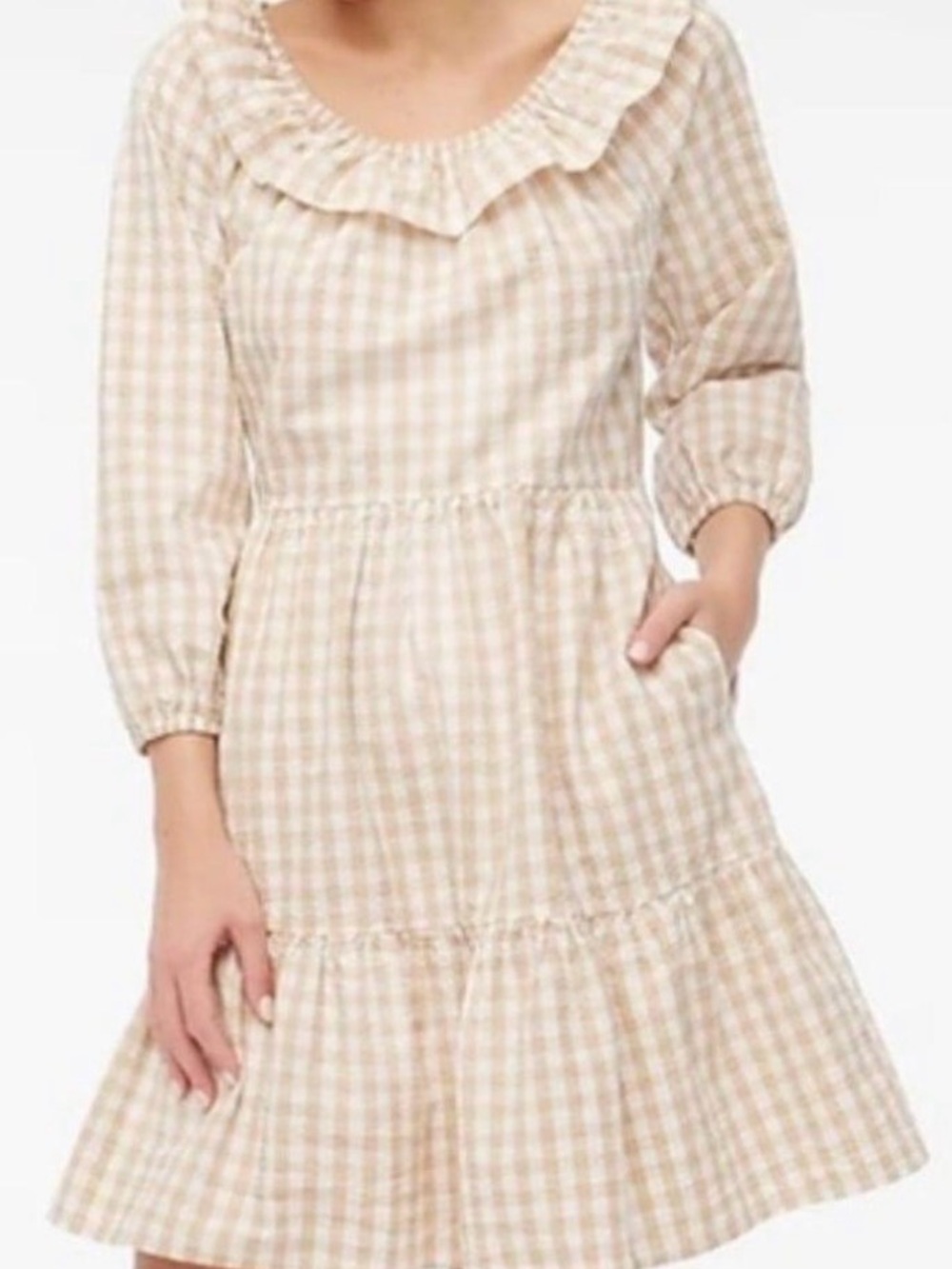 J. Crew Cream and Tan Gingham Ruffle-Neck Midi Dress